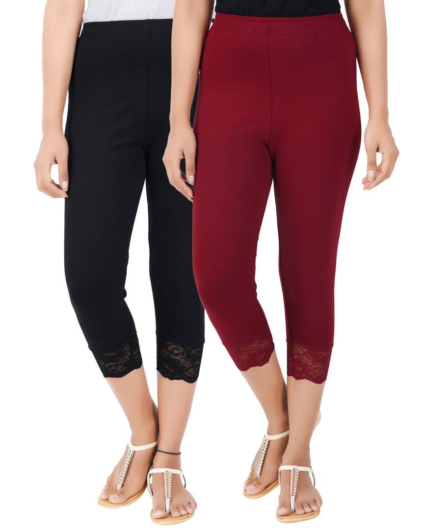 Reliable Cotton Blend Solid Skinny Fit 3/4 Capris Leggings For Women-Pack of 2